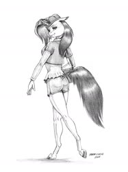 Size: 950x1273 | Tagged: safe, artist:baron engel, rarity, unicorn, anthro, unguligrade anthro, friendship university, g4, alternate hairstyle, cap, clothes, disguise, female, hat, mare, pencil drawing, plainity, shorts, solo, traditional art