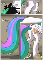 Size: 905x1280 | Tagged: safe, artist:rex-equinox, princess celestia, human, comic:royal makeover, g4, clothes, comic, commission, hoof shoes, human to pony, male to female, rule 63, sequence, torn clothes, transformation, transformation sequence, transgender transformation