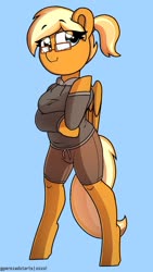 Size: 720x1280 | Tagged: safe, artist:perezadotarts, oc, oc only, anthro, unguligrade anthro, adorasexy, arm hooves, clothes, cute, eye, eyes, female, folded wings, glasses, hair, hoodie, jacket, photo, ponytail, pose, sexy, shorts, simple background, smug, solo, standing, tail, wings