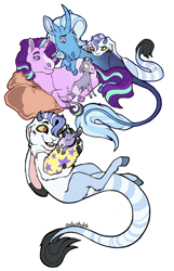 Size: 1000x1550 | Tagged: oc name needed, safe, artist:owlcoholik, starlight glimmer, trixie, oc, oc:white rabbit, draconequus, hybrid, pony, unicorn, g4, baby, baby pony, blaze (coat marking), brother and sister, coat markings, colt, draconequus oc, facial markings, family, female, half-siblings, hoers, interspecies offspring, lesbian, magical lesbian spawn, male, offspring, parent:discord, parent:starlight glimmer, parent:trixie, parents:startrix, parents:trixcord, ship:startrix, shipping, siblings