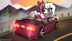 Size: 1280x720 | Tagged: safe, artist:perezadotarts, oc, oc only, bat pony, pony, backlighting, bat pony oc, beautiful, bow, car, choker, commission, detailed, detailed background, exhaust, exhaust fumes, eye, eyebrows, eyes, flower, flower in hair, hair, happy, hooves, indicators, license plate, lighting, looking up, mazda, mazda rx-7, mountain, mountain range, on side, open mouth, railing, road, seats, shading, smoke, solo, spoilers car, street, tail, tires, tree