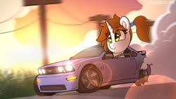Size: 1280x720 | Tagged: safe, artist:perezadotarts, oc, oc only, pony, unicorn, car, driving, ford, ford mustang, head, lighting, lights, ponytail, road, shading, skidding, smoke, solo, speed, street, sunset, trail
