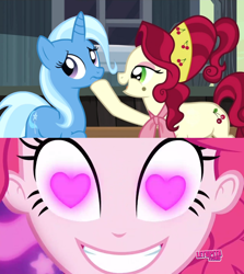 Size: 852x954 | Tagged: safe, edit, edited screencap, screencap, cherry jubilee, pinkie pie, trixie, earth pony, pony, unicorn, coinky-dink world, eqg summertime shorts, equestria girls, g4, the last roundup, building, eyelashes, female, heart, heart eyes, meme, pinkie's eyes, shipping, shipping domino, smiling, wingding eyes