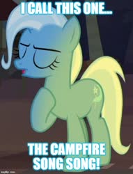 Size: 476x622 | Tagged: safe, edit, edited screencap, screencap, trixie, pony, g4, road to friendship, c-a-m-p-f-i-r-e s-o-n-g song, caption, cropped, female, image macro, meme, reference, solo, song in the comments, spongebob squarepants, text, the camping episode
