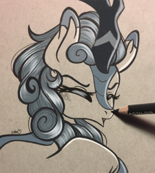 Size: 2435x2707 | Tagged: safe, artist:emberslament, autumn blaze, kirin, :o, awwtumn blaze, blushing, boop, breaking the fourth wall, colored pencil drawing, cute, drawn into existence, eyes closed, female, fourth wall, open mouth, pencil boop, photo, traditional art