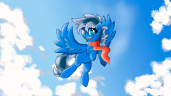 Size: 4000x2250 | Tagged: safe, artist:kolonsky, oc, oc only, oc:daily air, pegasus, pony, clothes, cloud, flying, looking at you, male, scarf, sky, solo