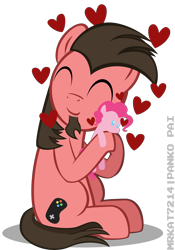 Size: 4200x6000 | Tagged: safe, artist:ace play, pinkie pie, oc, oc only, oc:ace play, earth pony, pony, absurd resolution, cute, facial hair, goatee, heart, hug, male, mare, plushie, simple background, sitting, solo, stallion, transparent background, vector