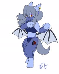 Size: 1646x2048 | Tagged: safe, artist:omegapony16, oc, oc only, oc:oriponi, bat pony, anthro, unguligrade anthro, bat pony oc, bedroom eyes, belly dancer, belly dancer outfit, bikini, clothes, ear piercing, earring, female, jewelry, piercing, see-through, simple background, solo, spread wings, swimsuit, white background, wings