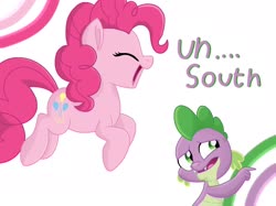 Size: 2732x2048 | Tagged: safe, artist:justsomepainter11, pinkie pie, spike, dragon, earth pony, pony, g4, my little pony: the movie, awkward, cute, happy, high res, hopping, movie accurate, pointing, quote, scene interpretation, show accurate, simple background