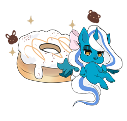 Size: 1280x1214 | Tagged: safe, artist:gitsudoptions, oc, oc:fleurbelle, alicorn, pony, adorabelle, alicorn oc, bow, chibi, cute, donut, female, food, hair bow, horn, mare, simple background, sparkles, transparent background, ych result