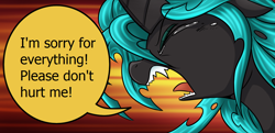 Size: 1284x624 | Tagged: safe, artist:vavacung, edit, queen chrysalis, changeling, changeling queen, pony, comic:to love alicorn, g4, a better ending for chrysalis, adorkable, alternate ending, alternate scenario, alternate universe, anxiety, apology, begging, breakdown, broken, character development, comic, cropped, crying, cute, cutealis, defeated, dialogue, dork, dorkalis, drama queen, ears back, eyes closed, faic, fangs, fear, female, frown, good end, majestic as fuck, mare, meta, nervous, open mouth, panic, precious, ptsd, reaction image, redemption, reformed, regret, sad, sadorable, scared, screaming, silly, silly pony, sobbing, solo, sorry, talking, tantrum, teary eyes, teeth, text, tongue out, what if, whining