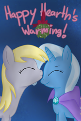 Size: 1500x2250 | Tagged: safe, artist:rasmustom, derpy hooves, trixie, pegasus, pony, unicorn, g4, cape, christmas, clothes, eyes closed, female, hearth's warming eve, holiday, lesbian, mistletoe, postcard, shipping, simple background, smooch, tripy, trixie's cape