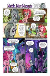 Size: 1268x1920 | Tagged: safe, artist:pencils, marble pie, pinkie pie, twilight sparkle, alicorn, earth pony, pony, comic:marble mare manquee, book, bowing, butt, comic, crown, dialogue, eye clipping through hair, eyes closed, female, fourth wall, friendship throne, gendo pose, grin, hug, jewelry, mare, nervous, nervous grin, open mouth, open smile, pie sisters, pie twins, plot, raised tail, regalia, shrunken pupils, sisters, sitting, smiling, speech bubble, sweat, tail, that escalated quickly, twilight sparkle (alicorn), twins, wide eyes