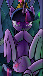 Size: 450x800 | Tagged: safe, artist:pencils, twilight sparkle, alicorn, pony, comic:marble mare manquee, cropped, crossed hooves, female, gendo pose, hooves together, sinister, sitting, solo, twilight sparkle (alicorn), wings