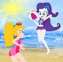 Size: 2001x1949 | Tagged: safe, artist:magical-mama, artist:user15432, artist:yaya54320bases, rarity, fairy, equestria girls, g4, armpits, attached skirt, ball, barefoot, barely eqg related, base used, beach, beach ball, beach volleyball, belly button, bikini, clothes, crossover, crown, duo, ear piercing, earring, fairy wings, feet, jewelry, jumping, legs, leotard, mario & sonic, mario & sonic at the london 2012 olympic games, mario & sonic at the olympic games, mario and sonic, mario and sonic at the olympic games, midriff, nintendo, ocean, one-piece swimsuit, piercing, pink swimsuit, ponytail, princess peach, purple swimsuit, raripeach, regalia, sand, show accurate, skirt, sports, summer, summertime, sun, sunshine, super mario bros., swimsuit, volleyball, water, wings