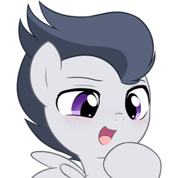 Size: 1406x1406 | Tagged: safe, artist:pestil, rumble, pegasus, pony, g4, bust, colt, cute, explicit source, feathered wings, male, open mouth, portrait, reaction image, rumblebetes, simple background, smug, solo, spread wings, transparent background, wings