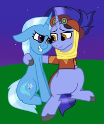 Size: 522x622 | Tagged: safe, artist:lightningbolt39, hoo'far, trixie, pony, unicorn, g4, clothes, cropped, female, floppy ears, grass, hill, looking at each other, male, shipping, sitting, smiling, straight, trixfar