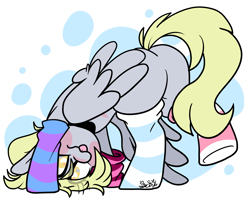 Size: 3753x3000 | Tagged: safe, artist:befishproductions, derpy hooves, pegasus, pony, g4, abstract background, adorkable, bubble, butt, clothes, cute, derpabetes, dork, featureless crotch, female, folded wings, heart eyes, high res, mare, mismatched socks, plot, socks, solo, striped socks, thigh highs, tongue out, wingding eyes, wings