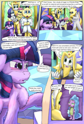 Size: 1080x1584 | Tagged: safe, artist:firefanatic, fluttershy, rarity, spike, twilight sparkle, alicorn, pony, comic:friendship management, g4, alphys, armor, asgore dreemurr, blanket, carrying, chair, clothes, comic, crossover, crown, cutie map, dialogue, holding a pony, jewelry, lab coat, lidded eyes, pillow, regalia, shrugging, smiling, stone scales, table, twilight sparkle (alicorn), twilight's castle, undertale, what is hoo-man