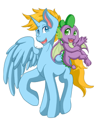 Size: 1024x1279 | Tagged: safe, artist:mscolorsplash, spike, oc, oc:harmony star, alicorn, dragon, pony, g4, alicorn oc, duo, horn, simple background, transparent background, winged spike, wings