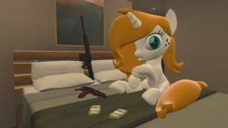 Size: 1920x1080 | Tagged: safe, artist:sevenxninja, derpibooru exclusive, oc, oc only, oc:love biscuit, pony, unicorn, 3d, apartment, assault rifle, bed, bedroom, blanket, gmod, gun, looking at you, money, painting, pillow, rifle, solo, weapon
