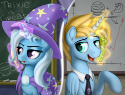 Size: 2777x2100 | Tagged: safe, artist:awalex, trixie, oc, oc:harmony star, alicorn, pony, unicorn, a matter of principals, g4, alicorn oc, banana, bananaphone, duo, food, high res, horn, male, necktie, phone call, stallion, what exactly is a long-distance plan