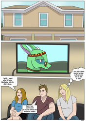 Size: 2893x4092 | Tagged: safe, artist:ltcolonelwhipper, artist:rex-equinox, tymbal, changedling, changeling, human, comic:sharing your wishes!, g4, comic, commission, couch, dialogue, female, high res, house, male, sitting, speech bubble, story included, television, thought bubble, watching, wish