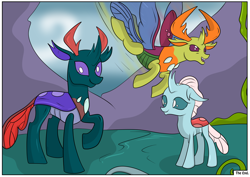 Size: 4092x2893 | Tagged: safe, artist:ltcolonelwhipper, artist:rex-equinox, ocellus, pharynx, thorax, changedling, changeling, comic:sharing your wishes!, g4, age regression, changedling brothers, changeling hive, comic, cute, diaocelles, female, flying, high res, human to changeling, king thorax, male, open mouth, pharybetes, prince pharynx, raised hoof, smiling, story included, thorabetes, transformation, transformed, transgender transformation, trio