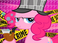 Size: 1140x840 | Tagged: safe, artist:the smiling pony, pinkie pie, earth pony, pony, g4, mmmystery on the friendship express, bubble pipe, card sleeve, crime scene, deerstalker, detective, female, hat, pipe, police tape, sherlock holmes, sherlock pie, solo