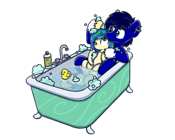 Size: 2560x2048 | Tagged: source needed, useless source url, safe, artist:sugar morning, oc, oc only, oc:berry cream, oc:ravebounce, pony, bathing, bathing together, bathtub, chibi, claw foot bathtub, colored, commission, cute, female, high res, male, mare, rubber duck, shampoo, shipping, simple background, soap bubble, stallion, transparent background, water, wet, wet mane