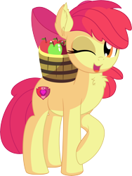 Size: 5738x7622 | Tagged: safe, artist:cyanlightning, apple bloom, earth pony, pony, g4, .svg available, absurd resolution, apple, apple bloom's bow, blinking, bow, bucket, cute, ear fluff, eating, female, filly, food, hair bow, hat, looking at you, older, one eye closed, open mouth, simple background, sitting, smiling, solo, transparent background, vector, wink