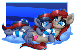 Size: 1876x1274 | Tagged: safe, artist:sickly-sour, oc, oc only, oc:doge, oc:ponepony, earth pony, pegasus, pony, clothes, cuddling, cute, eye contact, hug, looking at each other, on top, socks, striped socks