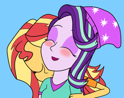 Size: 3300x2616 | Tagged: safe, artist:eagc7, starlight glimmer, sunset shimmer, equestria girls, g4, beanie, blue background, blushing, clothes, cute, eyes closed, eyeshadow, female, glimmerbetes, hat, high res, hug, kissing, lesbian, makeup, neck kiss, open mouth, shimmerbetes, ship:shimmerglimmer, shipping, shirt, simple background, t-shirt