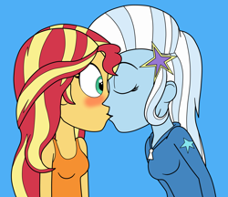 Size: 3708x3204 | Tagged: safe, artist:eagc7, sunset shimmer, trixie, human, equestria girls, g4, blue background, blushing, clothes, duo, female, high res, kiss on the lips, kissing, lesbian, ship:suntrix, shipping, simple background, sleeveless, surprise kiss, tank top