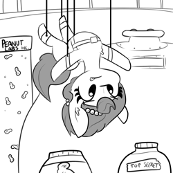 Size: 2250x2250 | Tagged: safe, artist:tjpones, oc, oc only, oc:brownie bun, earth pony, pony, chest fluff, female, food, grayscale, high res, mare, mission impossible, monochrome, peanut butter, simple background, solo, that pony sure does love peanut butter, tongue out, white background
