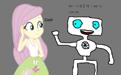 Size: 1039x639 | Tagged: safe, artist:sonicsuperstar1991, fluttershy, robot, equestria girls, g4, 1000 hours in ms paint, b.e.n., clothes, crossover, dancing, female, looking at each other, open mouth, showing, shy, simple background, smiling, tank top, wat