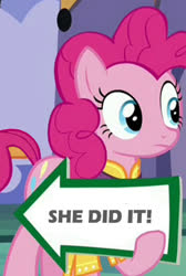 Size: 550x820 | Tagged: safe, edit, edited screencap, screencap, pinkie pie, earth pony, pony, g4, spice up your life, arrow, clothes, cropped, female, holding sign, hoof hold, juxtaposition bait, looking at something, mare, meme, pointing, sign, solo