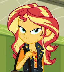 Size: 672x747 | Tagged: safe, edit, edited screencap, screencap, sunset shimmer, equestria girls, g4, my little pony equestria girls: choose your own ending, sock it to me, bag, clothes, cropped, cute, faic, female, geode of empathy, hallway, lidded eyes, lockers, looking at you, magical geodes, shirt, solo, vest