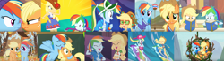 Size: 3026x835 | Tagged: safe, edit, edited screencap, screencap, applejack, rainbow dash, earth pony, pegasus, pony, a queen of clubs, accountibilibuddies, accountibilibuddies: rainbow dash, blue crushed, buckball season, constructive criticism: rainbow dash, equestria girls, fall weather friends, g4, interseason shorts, my little pony equestria girls: better together, my little pony equestria girls: choose your own ending, my little pony equestria girls: summertime shorts, non-compete clause, raise this roof, teacher of the month (episode), triple pony dare ya, applejack's hat, autumn, book, boop, broken hand, buckball uniform, cap, clothes, collage, cowboy hat, eyes closed, fall formal outfits, female, flying, friends, friendship, geode of super speed, geode of super strength, hat, implied lesbian, laughing, leaves, magical geodes, messy mane, noseboop, open mouth, running, running of the leaves, shipping fuel, shorts, surfboard, surfing, swimming trunks, swimsuit, teacher of the month