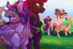 Size: 1920x1293 | Tagged: safe, artist:yuyusunshine, starlight glimmer, tempest shadow, twilight sparkle, oc, oc:spring snaps, unnamed oc, alicorn, changedling, changeling, hippogriff, pony, g4, broken horn, digital art, female, horn, mare, smiling, twilight sparkle (alicorn)