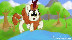 Size: 3840x2160 | Tagged: safe, artist:llamalauncher, autumn blaze, kirin, g4, female, high res, jumping, lake, mountain, solo, tongue out, tree