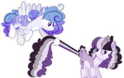 Size: 1591x1006 | Tagged: safe, artist:journeewaters, oc, oc only, oc:lavender lust, oc:pop rocks, pegasus, pony, unicorn, female, mare, parent:twilight sparkle, parents:canon x oc, simple background, tail feathers, transparent background