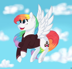 Size: 3336x3184 | Tagged: safe, artist:rainbowpawsarts, oc, oc:rainbow paws, pegasus, pony, clothes, cloud, female, flying, high res, hoodie, mare, sky