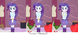 Size: 7374x3343 | Tagged: safe, artist:tabrony23, rarity, equestria girls, g4, boots, bouquet, bouquet of flowers, chocolate, clothes, comic, cute, female, flower, food, heart, holiday, looking at you, shoes, show accurate, smiling, solo, surprised, valentine's day