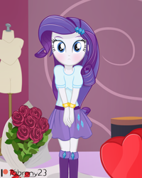 Size: 2461x3075 | Tagged: safe, artist:tabrony23, rarity, equestria girls, g4, boots, bouquet, bouquet of flowers, chocolate, clothes, comic, cute, female, flower, food, heart, high res, holiday, looking at you, patreon, patreon logo, shoes, show accurate, solo, surprised, valentine's day