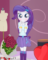 Size: 2461x3075 | Tagged: safe, artist:tabrony23, rarity, equestria girls, g4, boots, bouquet, bouquet of flowers, chocolate, clothes, comic, cute, daaaaaaaaaaaw, female, flower, food, high res, holiday, looking at you, patreon, patreon logo, shoes, show accurate, smiling, solo, valentine's day