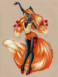 Size: 3350x4441 | Tagged: safe, artist:divinekitten, oc, oc only, oc:serenity fox, fox, fox pony, hybrid, anthro, absolute cleavage, anthro oc, breasts, cleavage, clothes, female, high heels, high res, mare, shirt, shoes, shorts, solo, traditional art