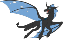 Size: 2547x1633 | Tagged: safe, artist:mythpony, oc, oc only, oc:zoljen, dragonling, pony, blue changeling, flying, male, simple background, solo, spread wings, tattered, tattered wings, transparent background, wings
