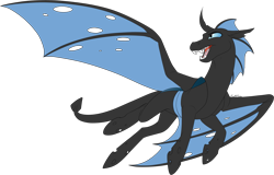 Size: 2547x1633 | Tagged: safe, artist:mythpony, oc, oc only, oc:zoljen, dragonling, pony, blue changeling, flying, holes in wings, male, simple background, solo, spread wings, tattered, tattered wings, transparent background, wings