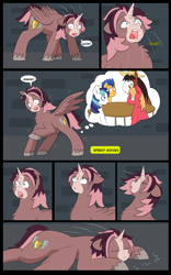 Size: 5000x8000 | Tagged: safe, artist:chedx, big macintosh, flash sentry, shining armor, trouble shoes, oc, oc:king speedy hooves, alicorn, clydesdale, earth pony, pegasus, pony, unicorn, comic:the fusion flashback, g4, alicorn oc, comic, commissioner:bigonionbean, confused, confusion, cutie mark, dialogue, fusion, fusion:big macintosh, fusion:flash sentry, fusion:shining armor, fusion:trouble shoes, horn, magic, panicking, passed out, potion, sleeping, sweat, sweating profusely, table, thought bubble, writer:bigonionbean